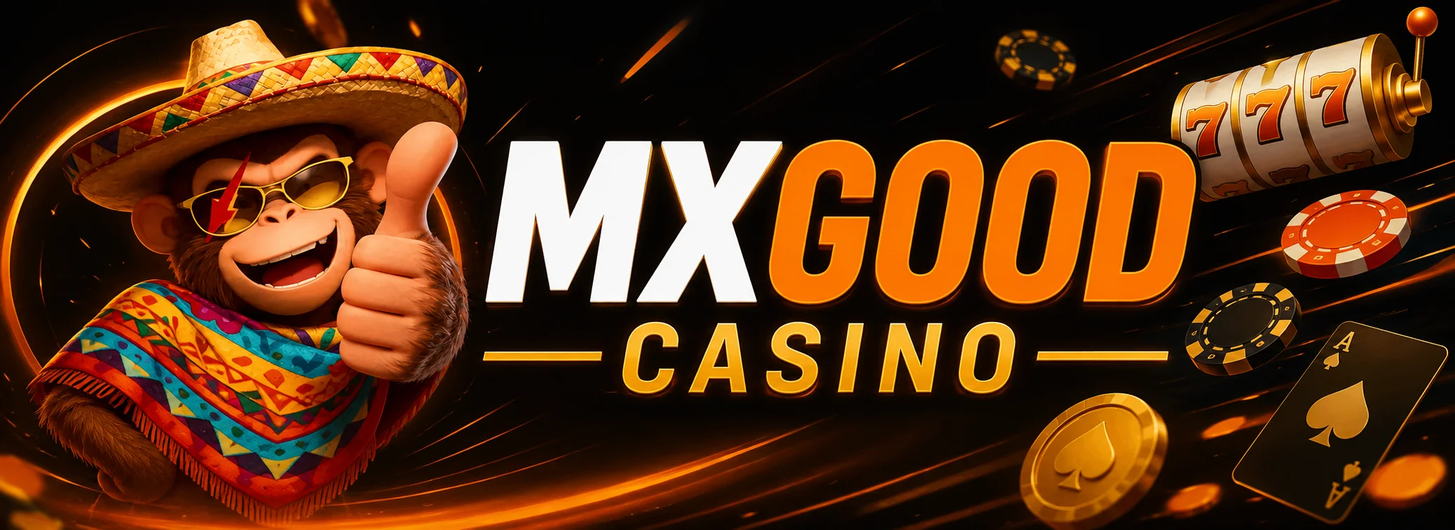 Banner de MXGood Casino México con la mascota del changuito, monedas doradas y el bono de bienvenida de $2,777 MXN